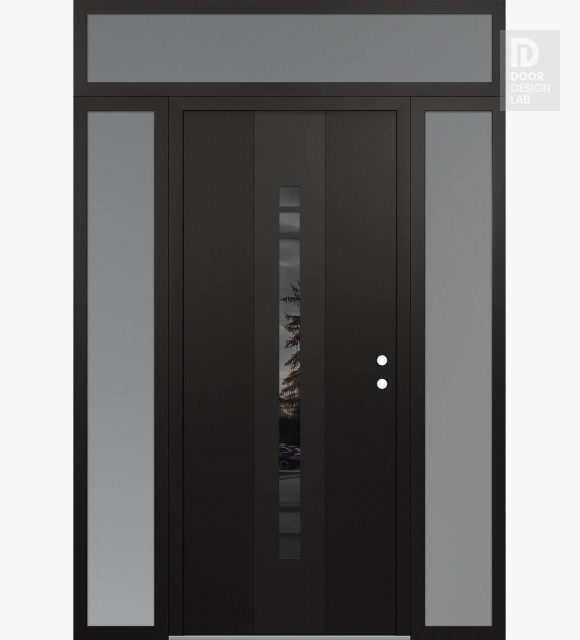 Modern Steel Front Door DIAMOND A4 68" X 96" BLACK/BLACK MIRRORED GLASS PANEL BLACK LHI WITH 2 SIDELITES AND TRANSOM FROSTED GLASS