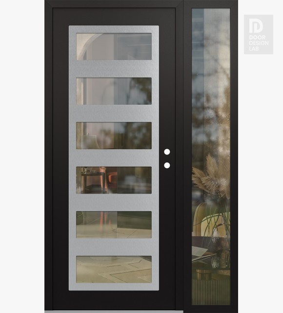 Modern Steel Front Door Diamond C9 52" x 80" black/black clear Glass Panel stainless steel LHI with Sidelite clear Glass