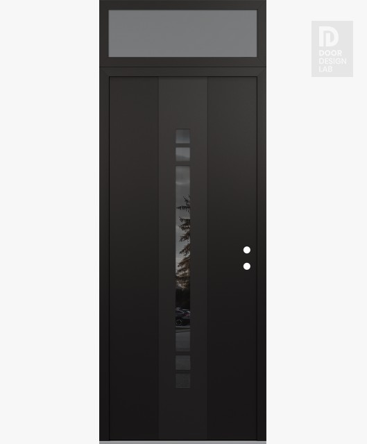 Modern Steel Front Door DIAMOND A4 36" X 96" BLACK/BLACK MIRRORED GLASS PANEL BLACK LHI WITH TRANSOM FROSTED GLASS