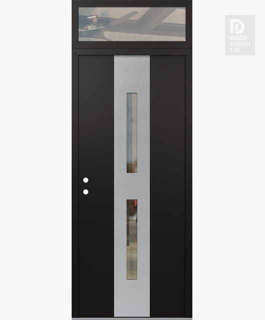 Modern Steel Front Door DIAMOND A6 36" X 96" BLACK/BLACK CLEAR GLASS PANEL STAINLESS STEEL RHI WITH TRANSOM CLEAR GLASS
