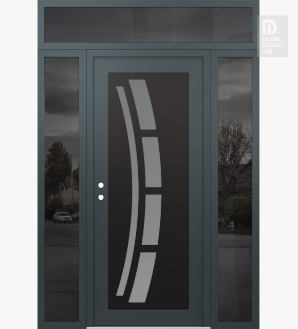 Modern Steel Front Door Diamond C12 60" x 96" anthracite/anthracite frosted Glass Panel black RHI with 2 Sidelites and Transom mirrored Glass