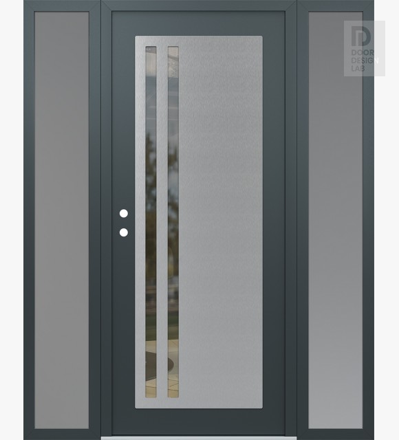 Modern Steel Front Door Diamond C6 60" x 80" anthracite/anthracite clear Glass Panel stainless steel RHI with 2 Sidelites frosted Glass