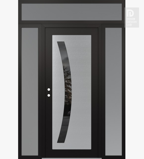 Modern Steel Front Door Diamond C4 68" x 96" black/black mirrored Glass Panel stainless steel RHI with 2 Sidelites and Transom frosted Glass