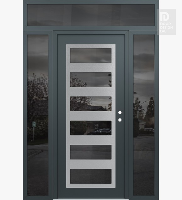 Modern Steel Front Door Diamond C9 68" x 96" anthracite/anthracite mirrored Glass Panel stainless steel LHI with 2 Sidelites and Transom mirrored Glass