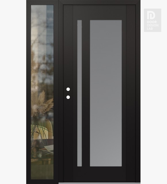 Modern Steel Front Door Diamond C15 52" x 80" black/white frosted Glass Panel black RHI with Sidelite clear Glass