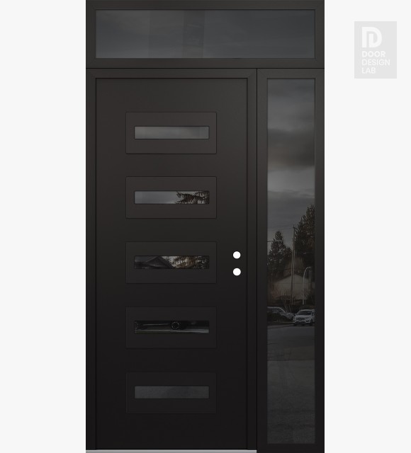Modern Steel Front Door Diamond D4 52" x 96" black/black mirrored Glass Panel black LHI with Sidelite and Transom mirrored Glass