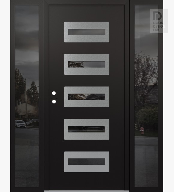 Modern Steel Front Door Diamond D4 68" x 80" black/black mirrored Glass Panel stainless steel RHI with 2 Sidelites mirrored Glass