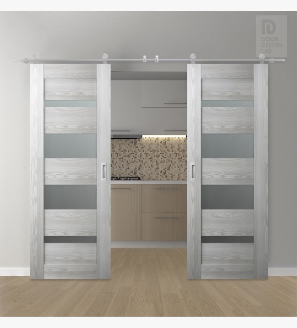 DOUBLE BARN DOOR AVON 07-01 VETRO RIBEIRA ASH 64" X 84" X 1 3/4" STAINLESS STEEL HARDWARE