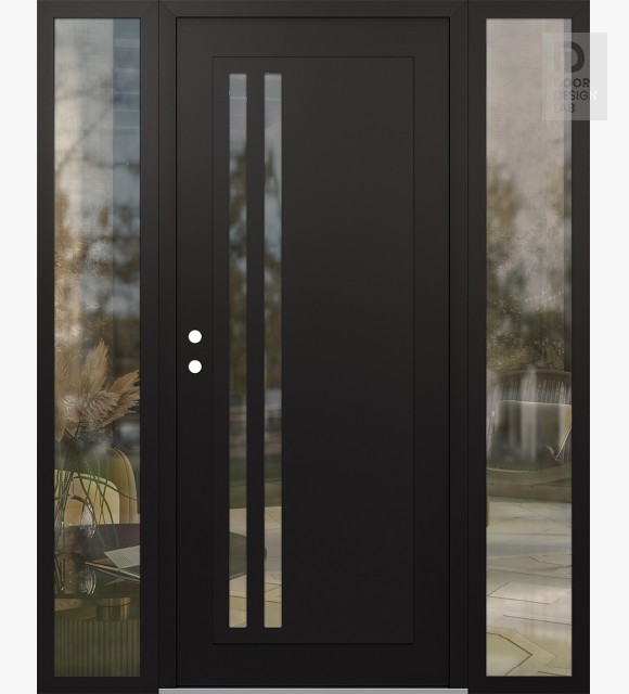Modern Steel Front Door Diamond C6 60" x 80" black/black clear Glass Panel black RHI with 2 Sidelites clear Glass