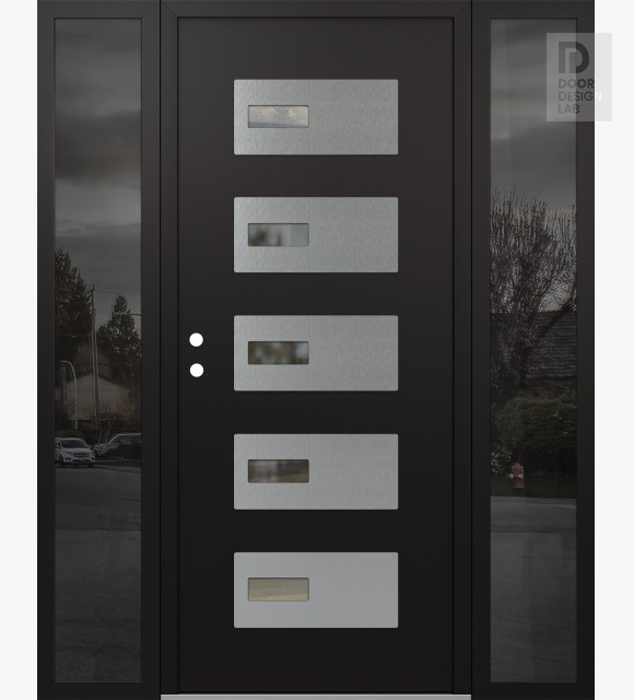 Modern Steel Front Door Diamond D7 60" x 80" black/black clear Glass Panel stainless steel RHI with 2 Sidelites mirrored Glass