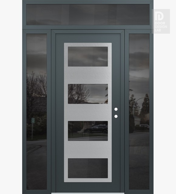 Modern Steel Front Door Diamond C2 64" x 96" anthracite/anthracite mirrored Glass Panel stainless steel LHI with 2 Sidelites and Transom mirrored Glass