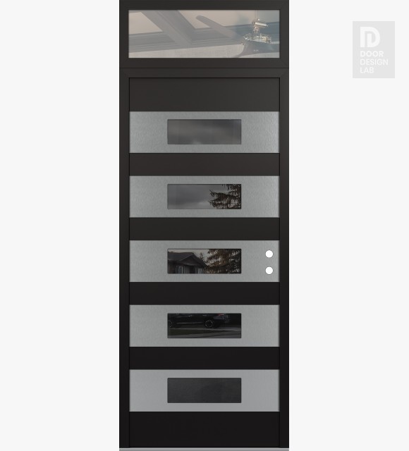Modern Steel Front Door Diamond D5 36" x 96" black/black mirrored Glass Panel stainless steel LHI with Transom clear Glass
