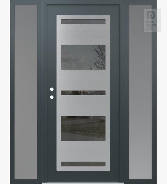 Modern Steel Front Door Diamond C10 60" x 80" anthracite/anthracite mirrored Glass Panel stainless steel RHI with 2 Sidelites frosted Glass