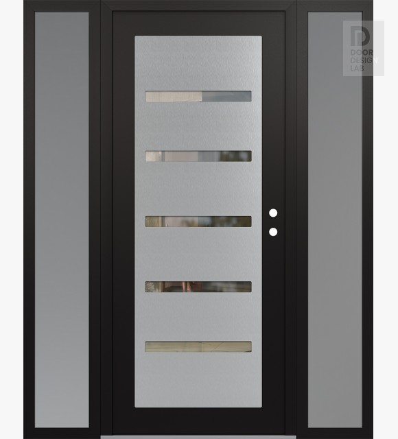 Modern Steel Front Door Diamond C7 60" x 80" black/black clear Glass Panel stainless steel LHI with 2 Sidelites frosted Glass