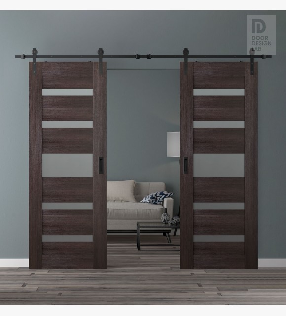 DOUBLE BARN DOOR AVON 07-05 VETRO VERALINGA OAK 36" X 80" X 1 3/4" BLACK HARDWARE