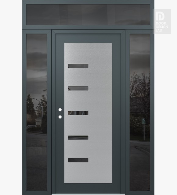 Modern Steel Front Door Diamond C8 60" x 96" anthracite/anthracite mirrored Glass Panel stainless steel RHI with 2 Sidelites and Transom mirrored Glass
