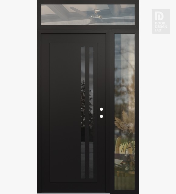 Modern Steel Front Door Diamond C6 50" x 96" black/black mirrored Glass Panel black LHI with Sidelite and Transom clear Glass