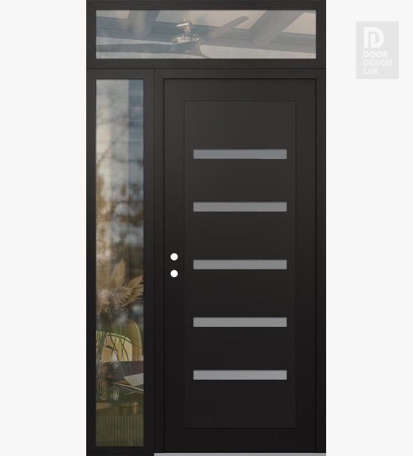 Modern Steel Front Door Diamond C7 48" x 96" black/white frosted Glass Panel black RHI with Sidelite and Transom clear Glass