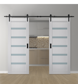 DOUBLE BARN DOOR LEORA VETRO BIANCO NOBLE 60" X 80" X 1 9/16" BLACK HARDWARE