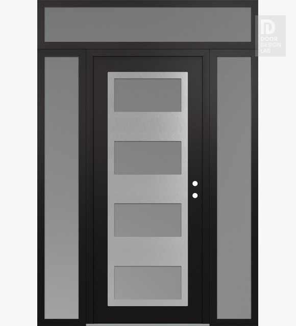 Modern Steel Front Door Diamond C2 64" x 96" black/white frosted Glass Panel stainless steel LHI with 2 Sidelites and Transom frosted Glass