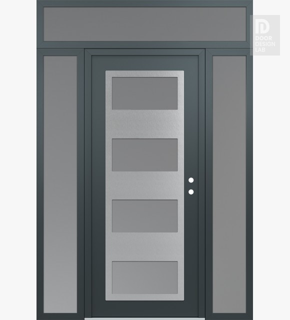 Modern Steel Front Door Diamond C2 68" x 96" anthracite/anthracite frosted Glass Panel stainless steel LHI with 2 Sidelites and Transom frosted Glass