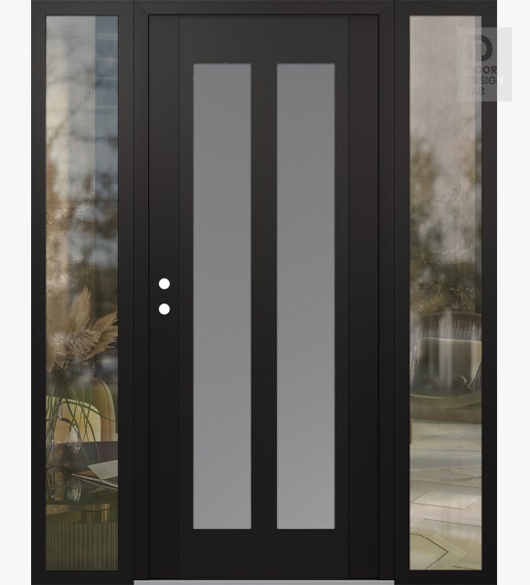 Modern Steel Front Door Diamond C14 60" x 80" black/white frosted Glass Panel black RHI with 2 Sidelites clear Glass
