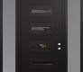 Modern Steel Front Door Diamond D4 68" x 96" black/black mirrored Glass Panel black LHI with 2 Sidelites and Transom frosted Glass
