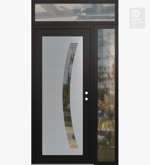 Modern Steel Front Door Diamond C4 48" x 96" black/black clear Glass Panel stainless steel LHI with Sidelite and Transom clear Glass