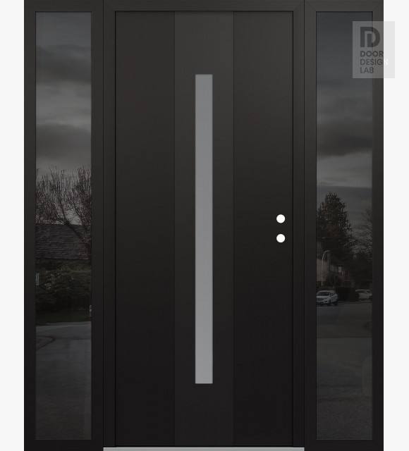 Modern Steel Front Door DIAMOND A2 60" X 80" BLACK/WHITE FROSTED GLASS PANEL BLACK LHI WITH 2 SIDELITES MIRRORED GLASS