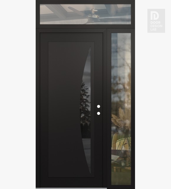 Modern Steel Front Door Diamond C13 50" x 96" black/black mirrored Glass Panel black LHI with Sidelite and Transom clear Glass