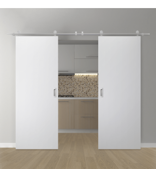 DOUBLE BARN DOOR PALLADIO BIANCO NOBLE 56" X 84" X 1 9/16" SOLID CORE STAINLESS STEEL HARDWARE