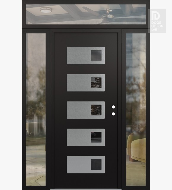 Modern Steel Front Door Diamond D2 68" x 96" black/black mirrored Glass Panel stainless steel LHI with 2 Sidelites and Transom clear Glass