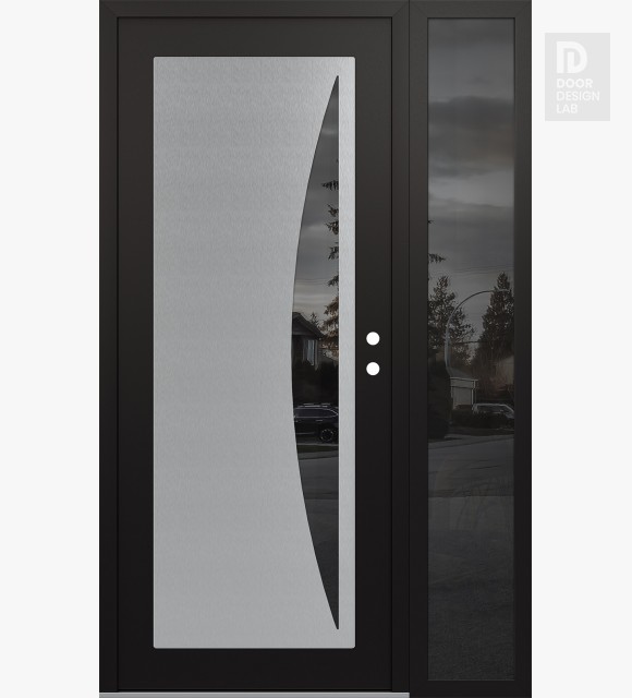 Modern Steel Front Door Diamond C13 50" x 80" black/black mirrored Glass Panel stainless steel LHI with Sidelite mirrored Glass