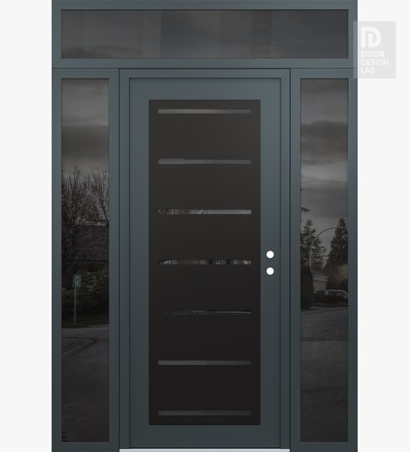 Modern Steel Front Door Diamond C11 60" x 96" anthracite/anthracite mirrored Glass Panel black LHI with 2 Sidelites and Transom mirrored Glass