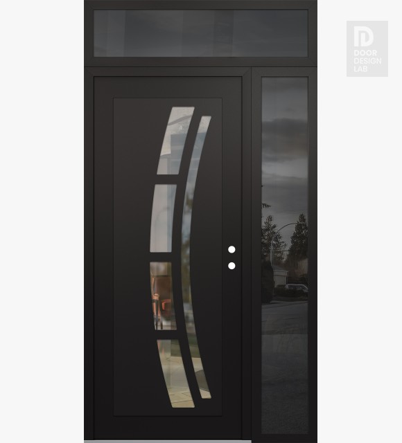 Modern Steel Front Door Diamond C12 50" x 96" black/black clear Glass Panel black LHI with Sidelite and Transom mirrored Glass