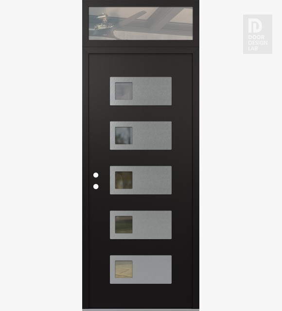 Modern Steel Front Door Diamond D2 36" x 96" black/black clear Glass Panel stainless steel RHI with Transom clear Glass