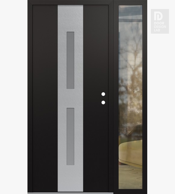 Modern Steel Front Door DIAMOND A6 48" X 80" BLACK/WHITE FROSTED GLASS PANEL STAINLESS STEEL LHI WITH SIDELITE CLEAR GLASS