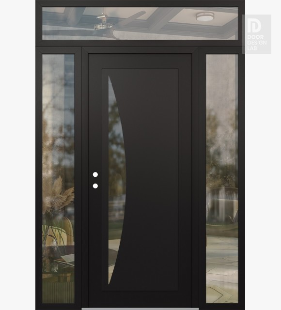 Modern Steel Front Door Diamond C13 64" x 96" black/black clear Glass Panel black RHI with 2 Sidelites and Transom clear Glass