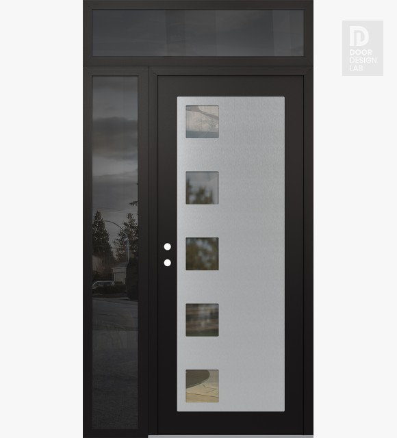 Modern Steel Front Door Diamond C5 50" x 96" black/black clear Glass Panel stainless steel RHI with Sidelite and Transom mirrored Glass