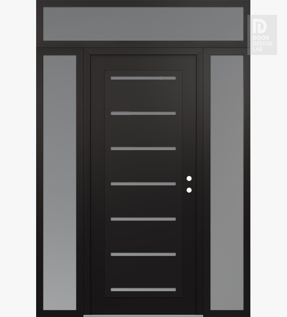 Modern Steel Front Door Diamond C11 60" x 96" black/white frosted Glass Panel black LHI with 2 Sidelites and Transom frosted Glass