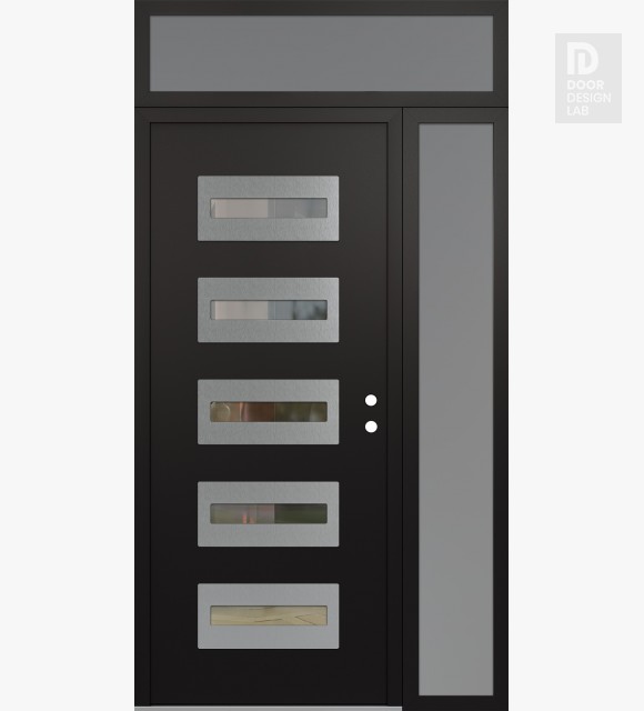Modern Steel Front Door Diamond D4 50" x 96" black/black clear Glass Panel stainless steel LHI with Sidelite and Transom frosted Glass