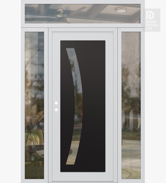 Modern Steel Front Door Diamond C4 68" x 96" white/white clear Glass Panel black RHI with 2 Sidelites and Transom clear Glass