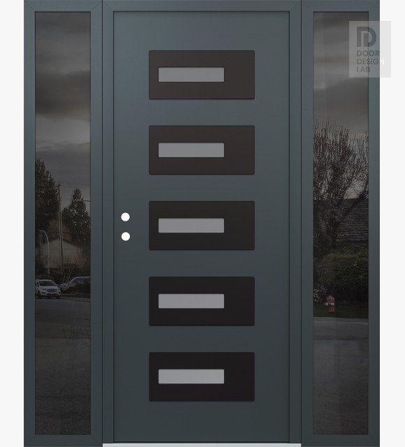 Modern Steel Front Door Diamond D6 68" x 80" anthracite/anthracite frosted Glass Panel black RHI with 2 Sidelites mirrored Glass
