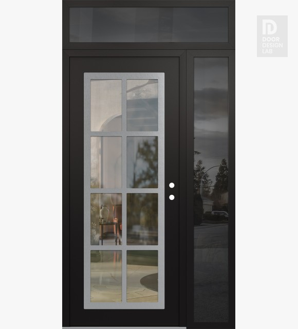 Modern Steel Front Door Diamond C16 52" x 96" black/black clear Glass Panel stainless steel LHI with Sidelite and Transom mirrored Glass