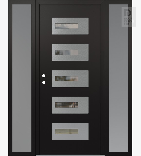 Modern Steel Front Door Diamond D6 64" x 80" black/black clear Glass Panel stainless steel RHI with 2 Sidelites frosted Glass
