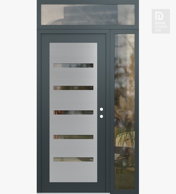 Modern Steel Front Door Diamond C7 52" x 96" anthracite/anthracite clear Glass Panel stainless steel LHI with Sidelite and Transom clear Glass