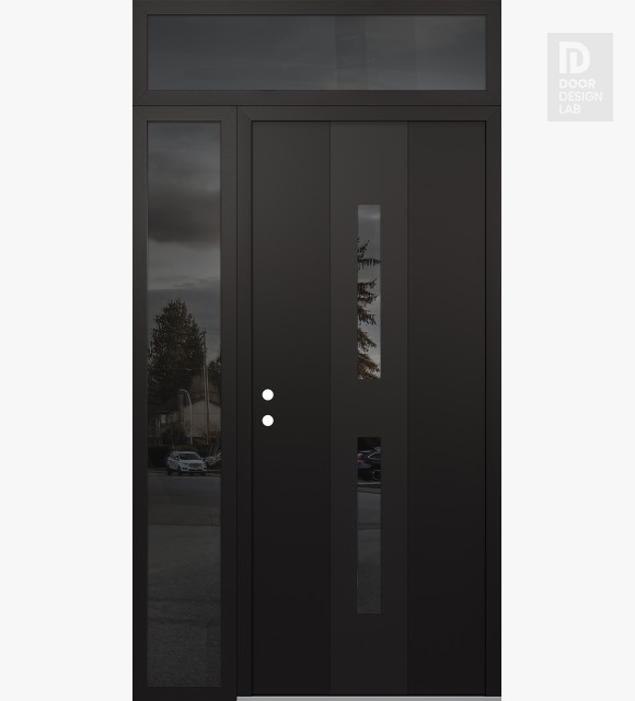 Modern Steel Front Door DIAMOND A6 50" X 96" BLACK/BLACK MIRRORED GLASS PANEL BLACK RHI WITH SIDELITE AND TRANSOM MIRRORED GLASS