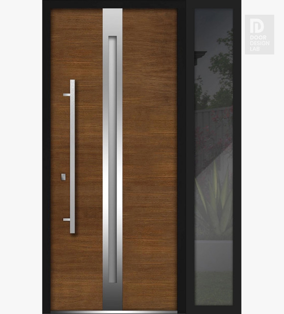 Front Exterior Prehung Steel Door / Deux 1744 Natural Oak / Side Exterior Black Window /  Stainless Inserts Single Modern Painted-W36+12" x H80"-Right-hand Inswing