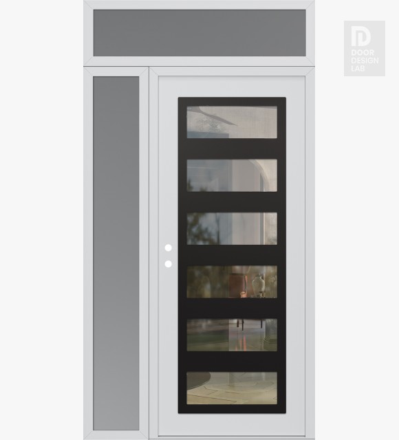 Modern Steel Front Door Diamond C9 48" x 96" white/white clear Glass Panel black RHI with Sidelite and Transom frosted Glass