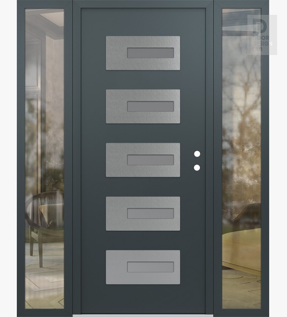 Modern Steel Front Door Diamond D6 68" x 80" anthracite/anthracite frosted Glass Panel stainless steel LHI with 2 Sidelites clear Glass